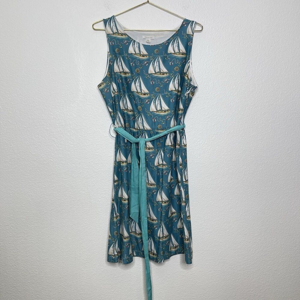 Garnet Hill Dress Sz 14 Sailboat Print Nautical Belt Sleeveless Coastal Vacation